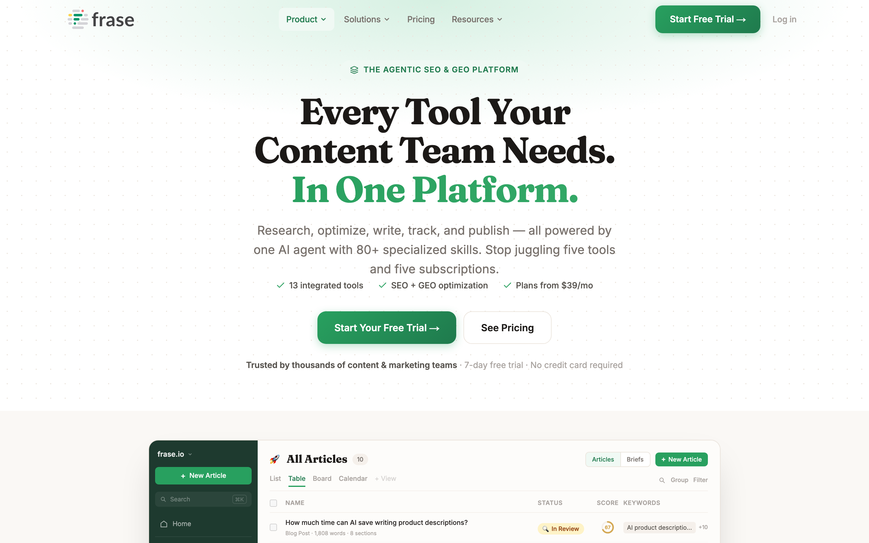 Frase features page showing AI content drafting, SERP optimization, and content brief workflows