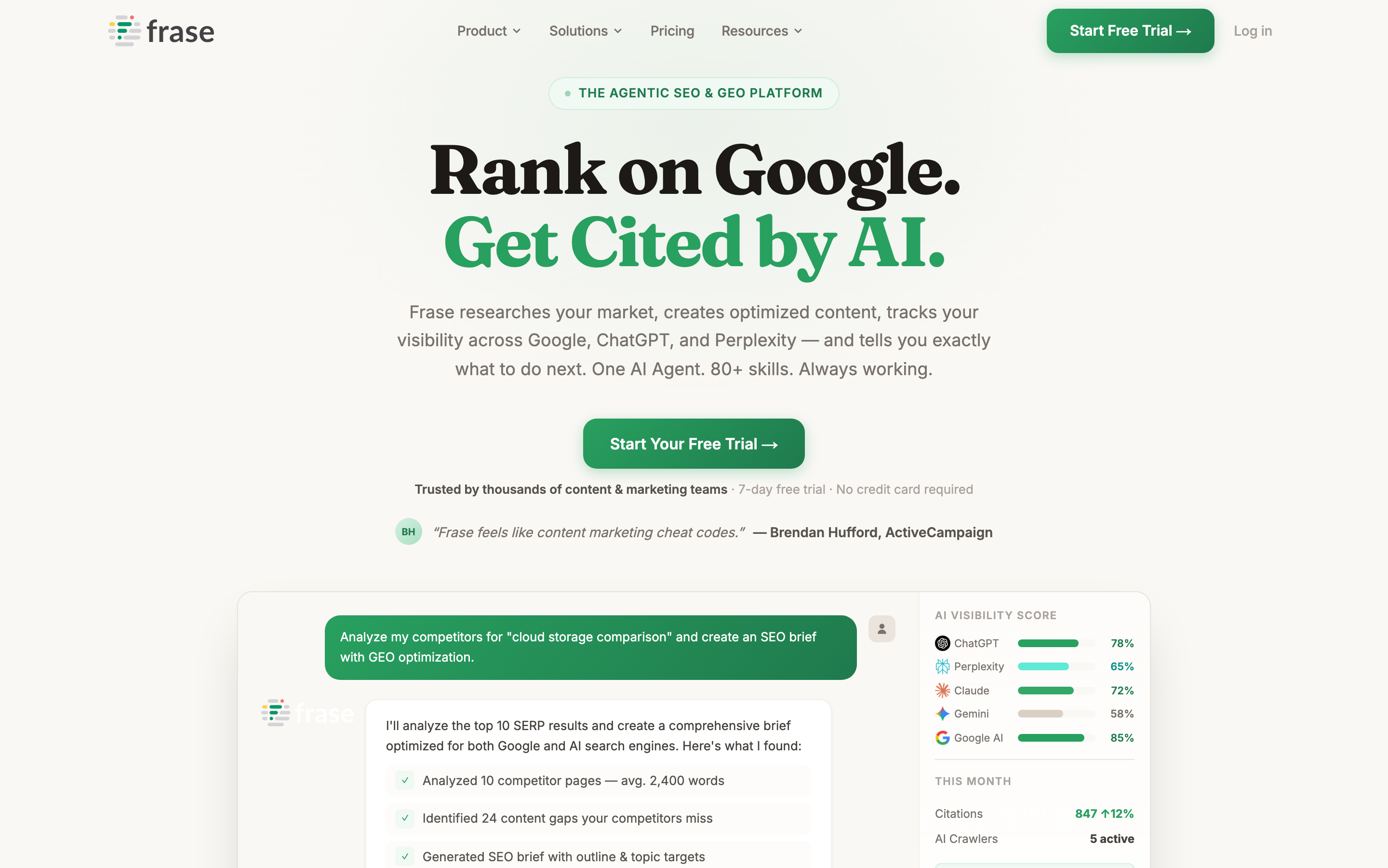 Frase homepage showing the AI content optimization workflow and SERP research interface