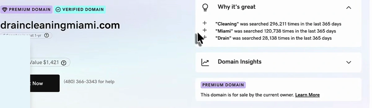 GoDaddy result for draincleaningmiami.com showing PREMIUM DOMAIN and VERIFIED DOMAIN badges, an estimated Value of $1,421, a Why it's great panel stating Cleaning was searched 296,211 times, Miami 120,738 times and Drain 28,138 times in the last 365 days, and a PREMIUM DOMAIN note reading This domain is for sale by the current owner
