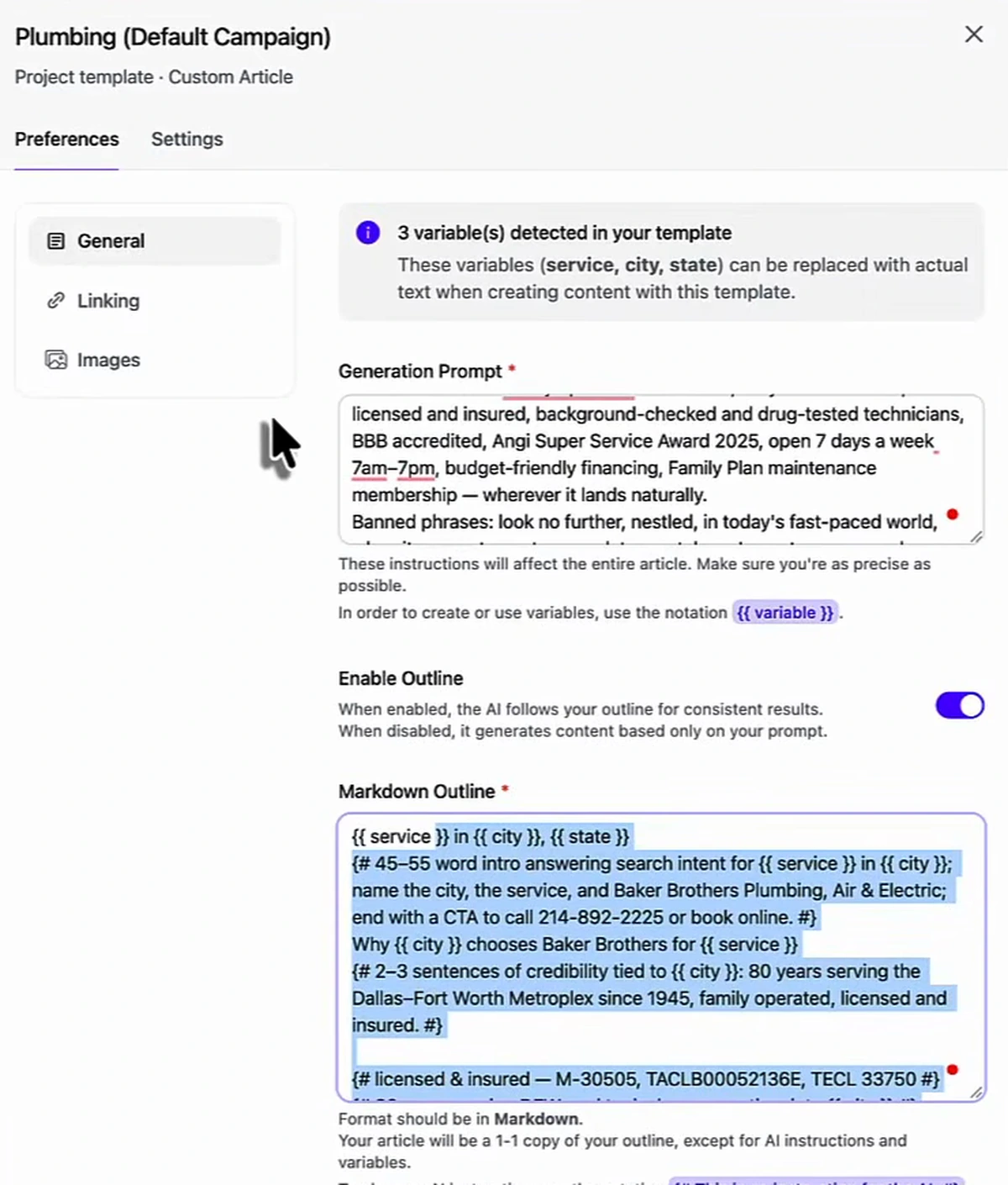 Arvow project template editor for a plumbing campaign showing a notice reading 3 variable(s) detected in your template — these variables (service, city, state) can be replaced with actual text — plus a Generation Prompt field listing licensed and insured technicians, BBB accreditation and banned phrases, and a Markdown Outline beginning with the heading pattern service in city, state