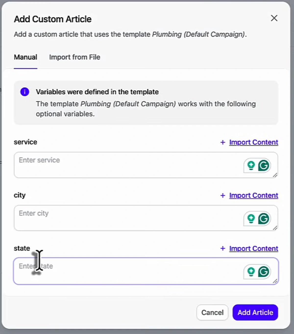 Add Custom Article dialog in Arvow: a notice reading Variables were defined in the template, the template Plumbing (Default Campaign) works with the following optional variables, followed by empty input fields for service, city and state and an Add Article button