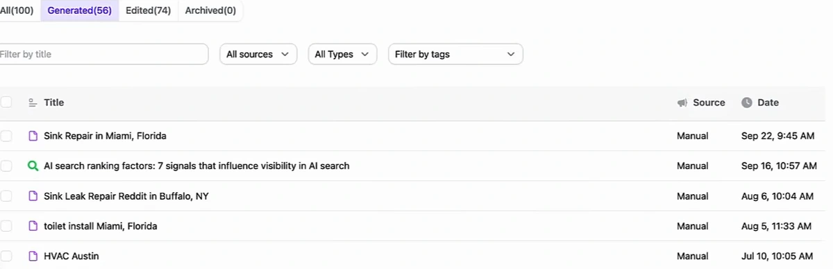 Arvow All Articles list filtered to Generated (56 of 100 articles): rows for Sink Repair in Miami Florida, AI search ranking factors, Sink Leak Repair Reddit in Buffalo NY, toilet install Miami Florida and HVAC Austin, each marked Manual with a creation date