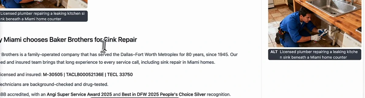 Body of the generated Miami page reading Why Miami chooses the company for Sink Repair, followed by a paragraph stating the company has served the Dallas-Fort Worth Metroplex for 80 years since 1945, a line of Texas licence numbers, and a line citing an Angi Super Service Award 2025 and Best in DFW 2025 People's Choice Silver recognition