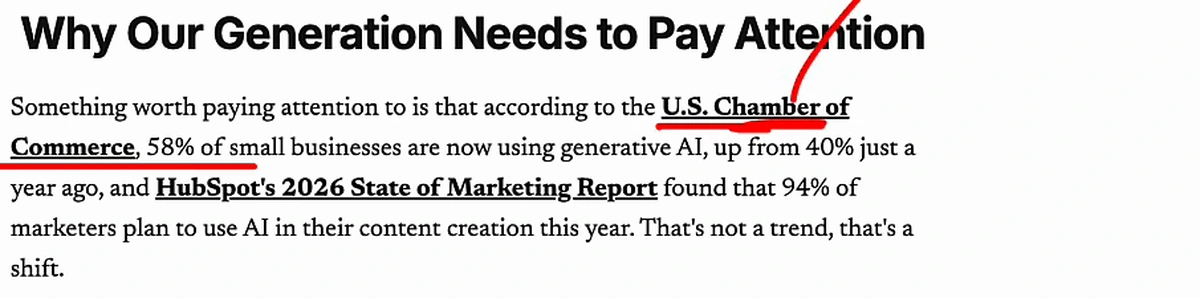 A paragraph from the DR 90 referring page under the heading Why Our Generation Needs to Pay Attention, reading that according to the U.S. Chamber of Commerce 58% of small businesses are now using generative AI, up from 40% just a year ago, and HubSpot's 2026 State of Marketing Report found that 94% of marketers plan to use AI in their content creation this year — with the presenter's red underline drawn under the U.S. Chamber of Commerce link