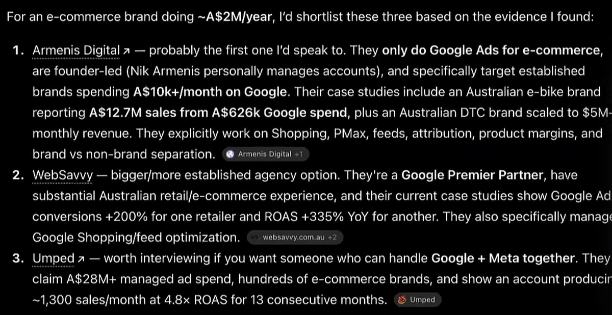 ChatGPT's answer to a prompt asking for the best Google Ads agency for an Australian e-commerce brand doing about A$2M a year, shortlisting three agencies: the first described as only doing Google Ads for e-commerce, founder-led, targeting brands spending A$10k+/month, with case studies including an Australian e-bike brand reporting A$12.7M sales from A$626k Google spend; the second a Google Premier Partner with case studies showing conversions +200% and ROAS +335% year on year; the third claiming A$28M+ managed ad spend and an account producing ~1,300 sales a month at 4.8x ROAS for 13 consecutive months