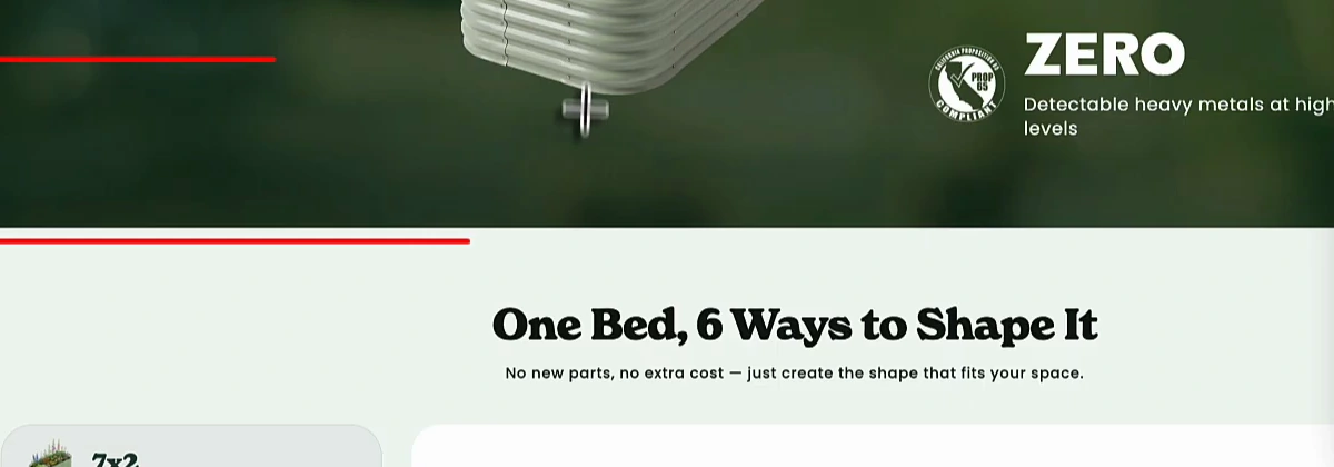 A band on the same product page headed Built to Last. Tested to Prove It., showing three figures: 240+ substances tested for safety, 100% non-toxic garden-safe coating, and ZERO detectable heavy metals at high levels
