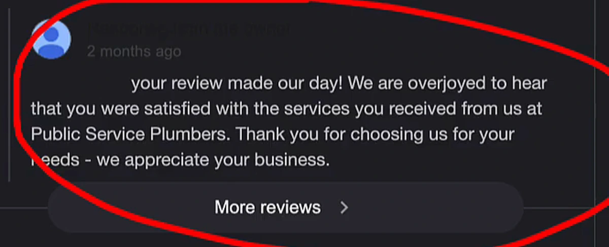 A business owner's reply to a Google review, circled in red by the presenter, reading: your review made our day, we are overjoyed to hear that you were satisfied with the services you received from us, thank you for choosing us for your needs, we appreciate your business. The reviewer's first name has been masked