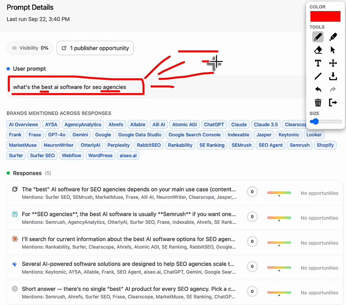 A prompt detail panel last run 22 September, showing Visibility 0% and 1 publisher opportunity for the user prompt what's the best ai software for seo agencies. Below it a list of brands mentioned across responses including AI Overviews, AgencyAnalytics, Ahrefs, Atomic AGI, ChatGPT, Claude, Clearscope, Frase, Gemini, MarketMuse, NeuronWriter, Perplexity, RabbitSEO, Rankability, SE Ranking, SEMrush, Semrush, Surfer and Surfer SEO, then five separate engine responses each marked No opportunities