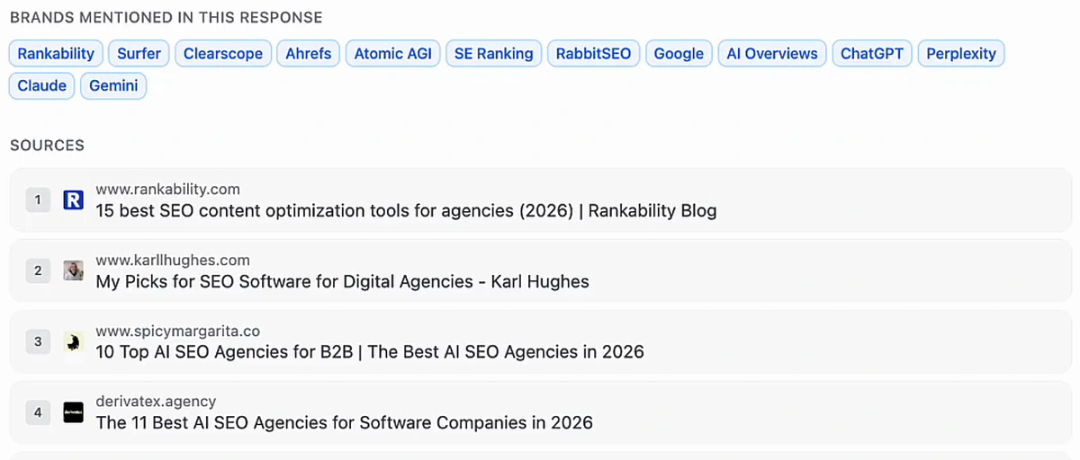A response detail showing Brands Mentioned In This Response as chips — Rankability, Surfer, Clearscope, Ahrefs, Atomic AGI, SE Ranking, RabbitSEO, Google, AI Overviews, ChatGPT, Perplexity, Claude and Gemini — followed by a numbered Sources list: rankability.com's 15 best SEO content optimization tools for agencies 2026, karllhughes.com's My Picks for SEO Software for Digital Agencies, spicymargarita.co's 10 Top AI SEO Agencies for B2B, and derivatex.agency's The 11 Best AI SEO Agencies for Software Companies in 2026