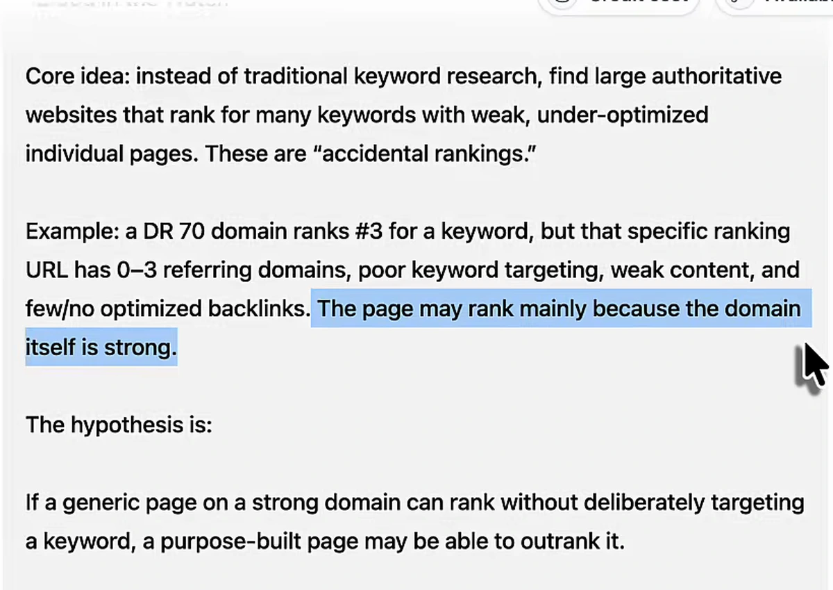 The opening of the blood in the water prompt: find large authoritative websites that rank for many keywords with weak, under-optimized individual pages, called accidental rankings; for example a DR 70 domain ranking number 3 while the ranking URL has 0 to 3 referring domains; the hypothesis is that if a generic page on a strong domain can rank without deliberately targeting a keyword, a purpose-built page may be able to outrank it