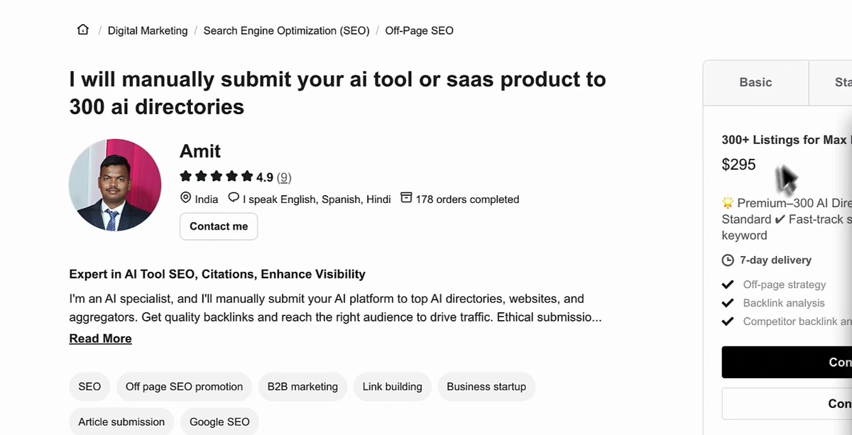 Fiverr gig page: I will manually submit your AI tool or SaaS product to 300 AI directories, by a seller rated 4.9 with 178 orders completed, Expert in AI Tool SEO, Citations, Enhance Visibility; Premium package 300+ listings for $295 with 7-day delivery