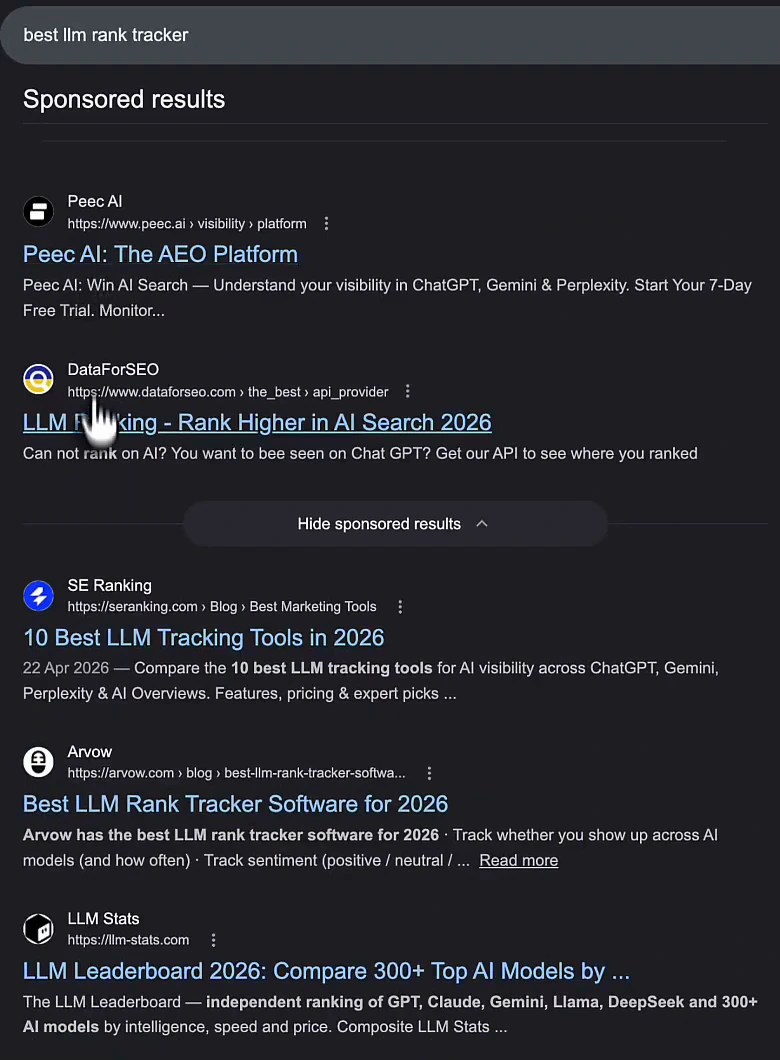 Google results for best llm rank tracker, May 2026: two sponsored results, Peec AI (The AEO Platform) and DataForSEO (LLM Ranking - Rank Higher in AI Search 2026), then organic results from SE Ranking (10 Best LLM Tracking Tools in 2026), Arvow (Best LLM Rank Tracker Software for 2026) and LLM Stats (LLM Leaderboard 2026)
