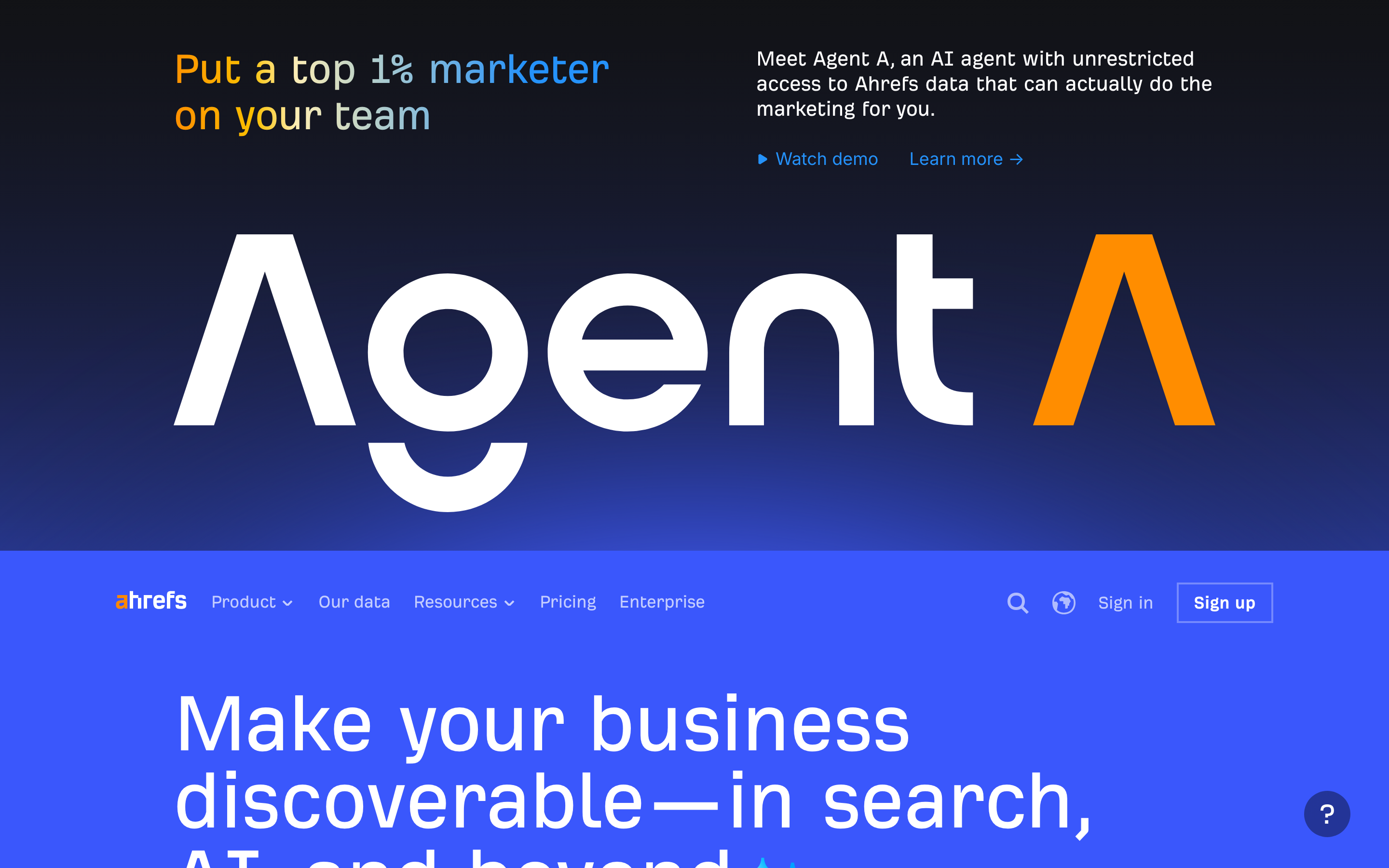 Ahrefs homepage showing the Site Explorer interface and the platform's main value proposition around all-in-one SEO research