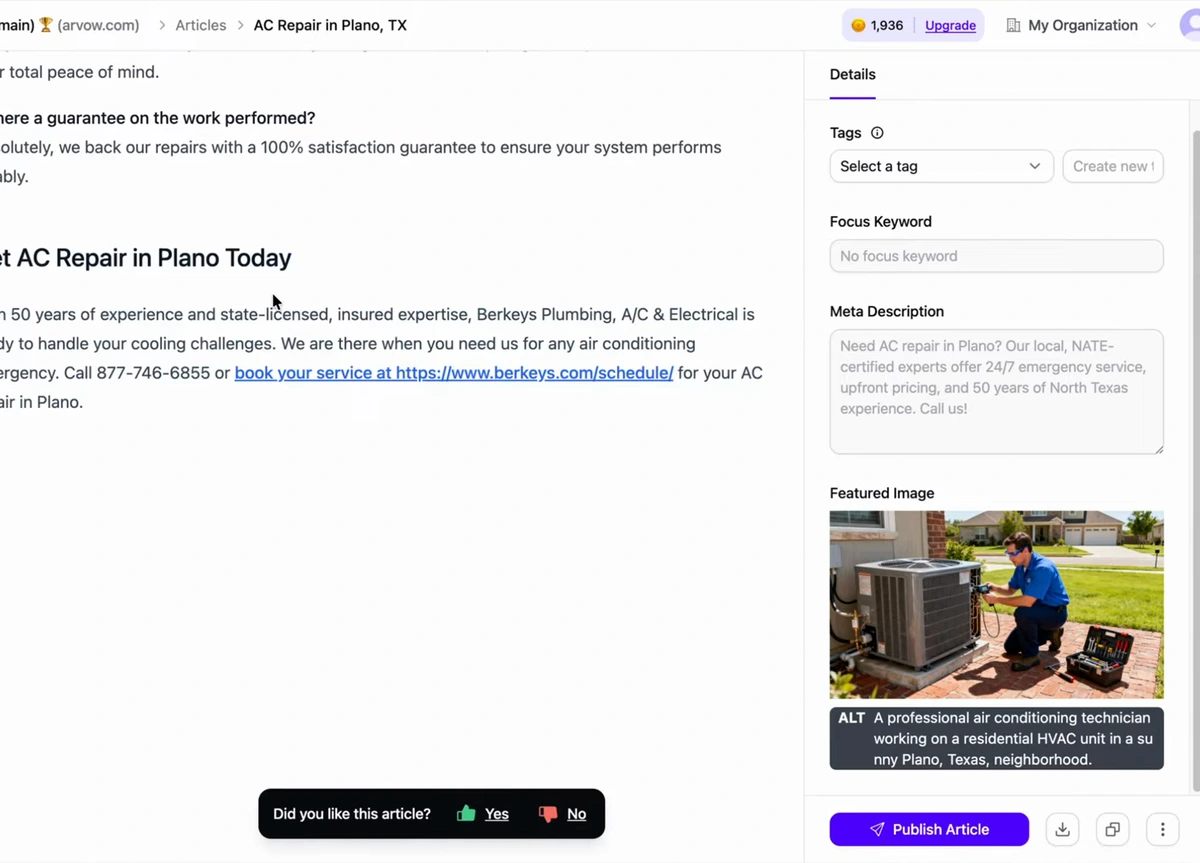A generated article, AC Repair in Plano, TX, ending with a Get AC Repair in Plano Today section with a phone number and booking link; the sidebar shows a filled meta description, a featured image with alt text, and an empty Focus Keyword field reading No focus keyword