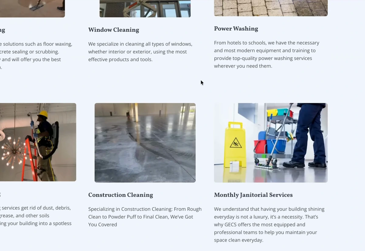 The original WordPress services page of the cleaning company, listing window cleaning, power washing, construction cleaning and monthly janitorial services with stock photos