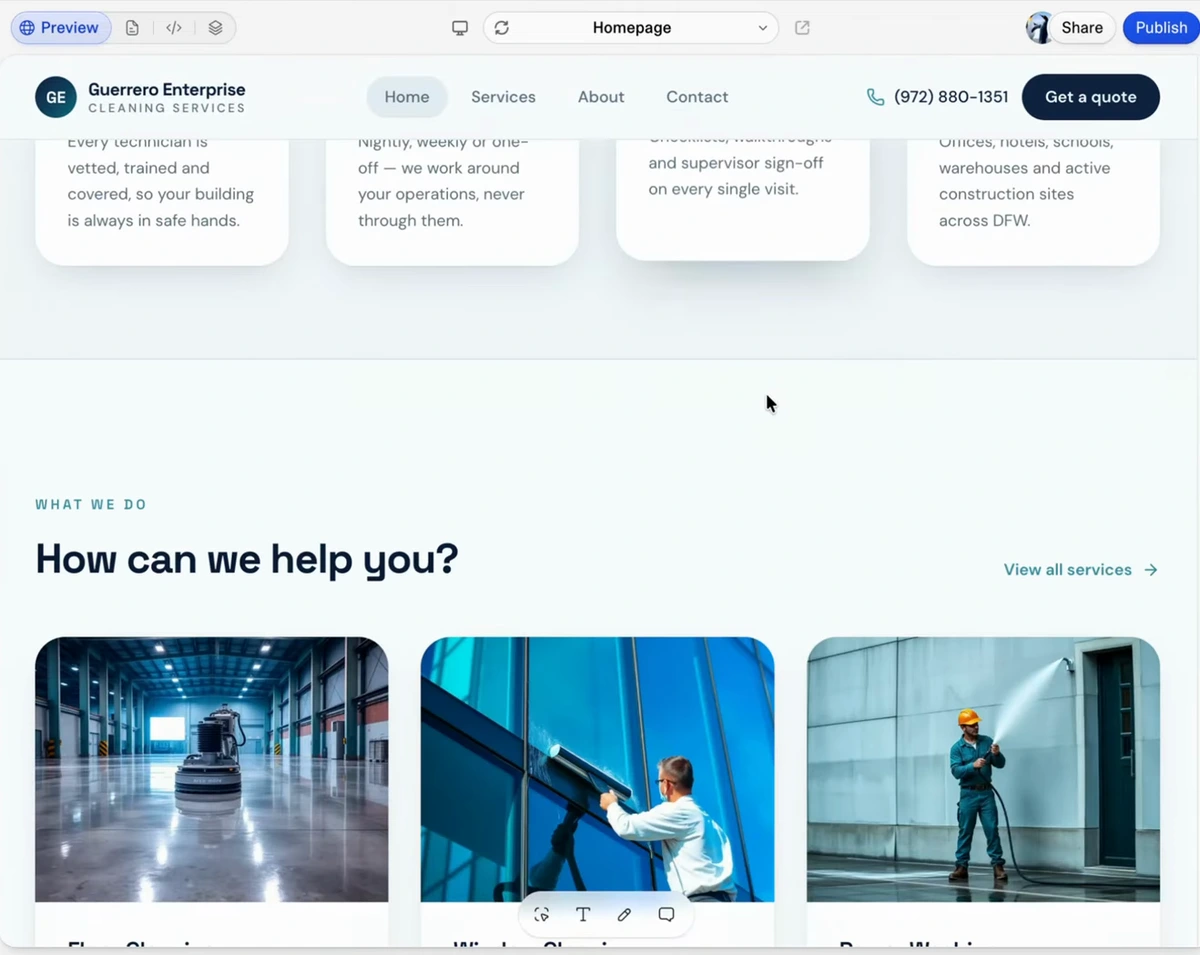 Lovable preview of the rebuilt cleaning company homepage with a navigation bar, phone number, Get a quote button and a How can we help you section with three service photos