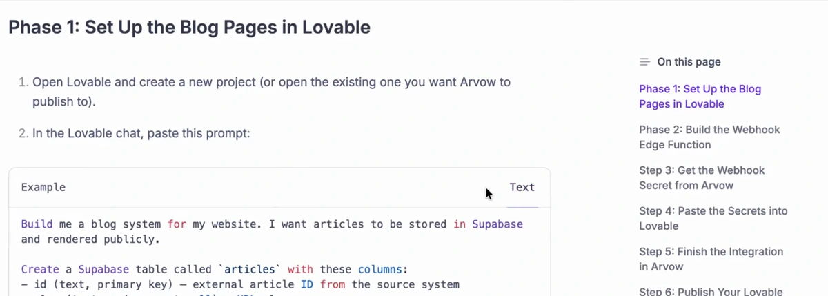 Arvow Lovable integration guide, Phase 1: Set Up the Blog Pages in Lovable, with a prompt beginning Build me a blog system for my website. I want articles to be stored in Supabase and rendered publicly, and a table of contents listing seven phases