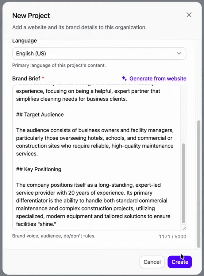 New Project modal with a generated brand brief describing a target audience of business owners and facility managers of hotels, schools and construction sites, and a key positioning as a long-standing provider with 20 years of experience; 1171 of 5000 characters