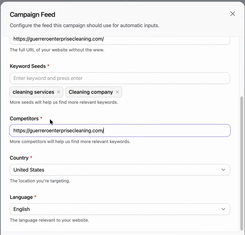 Campaign Feed form with the website URL, keyword seeds cleaning services and Cleaning company, the competitors field filled with the company's own URL, country United States and language English