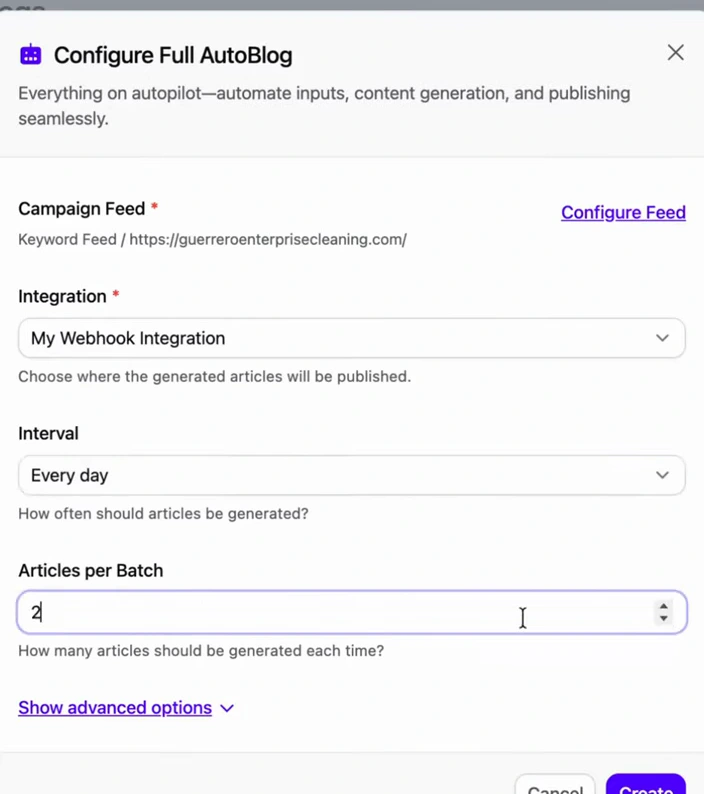 Configure Full AutoBlog modal: campaign feed set to the keyword feed, integration My Webhook Integration, interval Every day, articles per batch 2