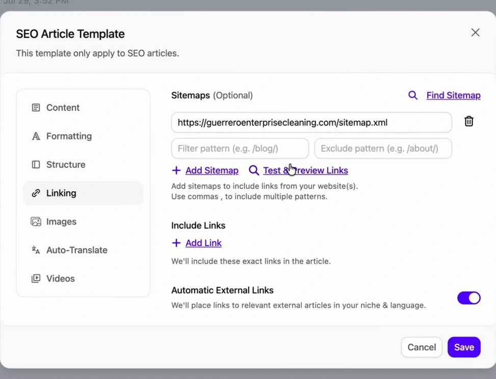 SEO Article Template, Linking tab: the sitemap URL guerreroenterprisecleaning.com/sitemap.xml added, optional filter and exclude patterns, an Add Link option and Automatic External Links switched on