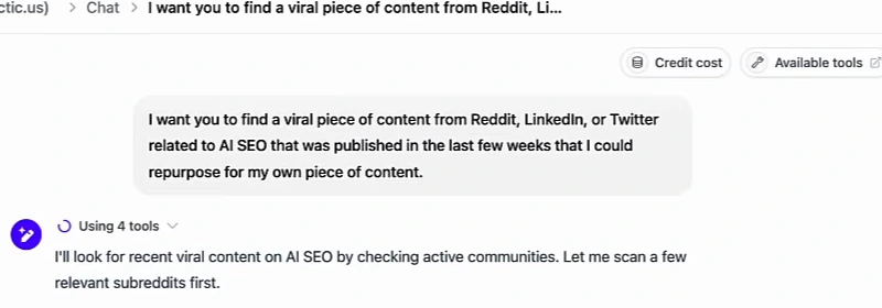 AI SEO chat prompt: I want you to find a viral piece of content from Reddit, LinkedIn, or Twitter related to AI SEO that was published in the last few weeks that I could repurpose for my own piece of content; the assistant replies it will scan a few relevant subreddits, using 4 tools