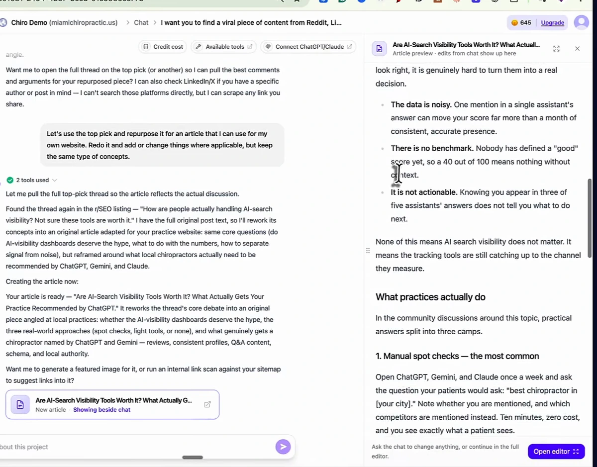 Chat reply after pulling the full thread: it reworks the concepts into an original article adapted for the practice website, reframed around what local chiropractors need to be recommended by ChatGPT, Gemini and Claude; the article preview on the right, titled Are AI-Search Visibility Tools Worth It? What Actually Gets Your Practice Recommended by ChatGPT, shows sections on noisy data, no benchmark, not actionable, and what practices actually do, starting with manual spot checks