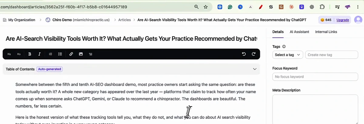 Article editor for Are AI-Search Visibility Tools Worth It, with an auto-generated table of contents and the first sections; the Details sidebar shows the Focus Keyword field reading No focus keyword, an empty Meta Description box and an Add thumbnail button under Featured Image