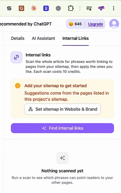 Internal Links tab: scan the whole article for phrases worth linking to pages from your sitemap, each scan costs 10 credits; a warning reads Add your sitemap to get started, with a Set sitemap in Website and Brand button, a Find internal links button, and Nothing scanned yet