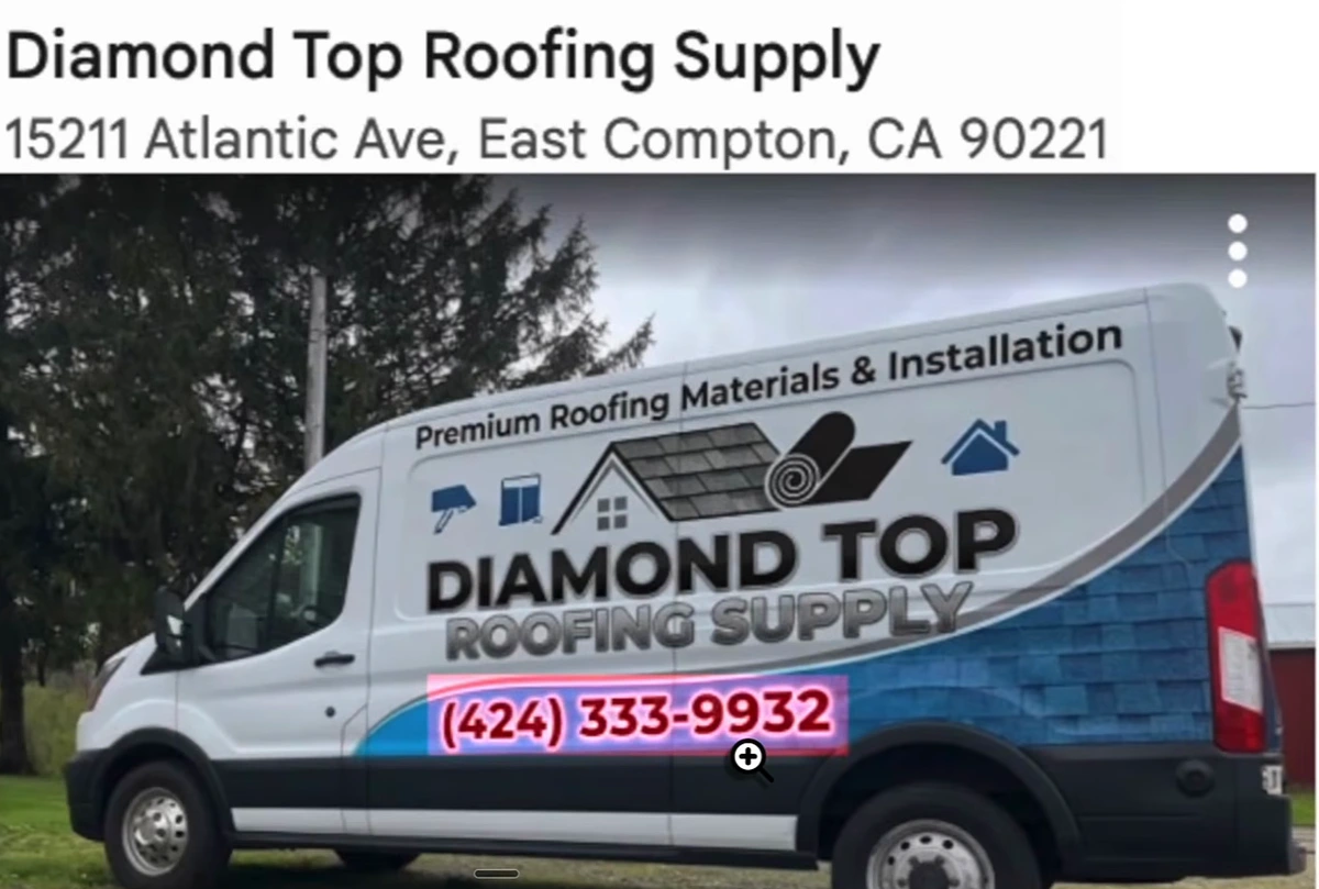 Business profile photo for Diamond Top Roofing Supply, 15211 Atlantic Ave, East Compton, CA 90221: a white van with a blue roofing wrap; the phone number (424) 333-9932 sits on a pink, soft-glowing rectangle that doesn't follow the van's panel or match the rest of the wrap