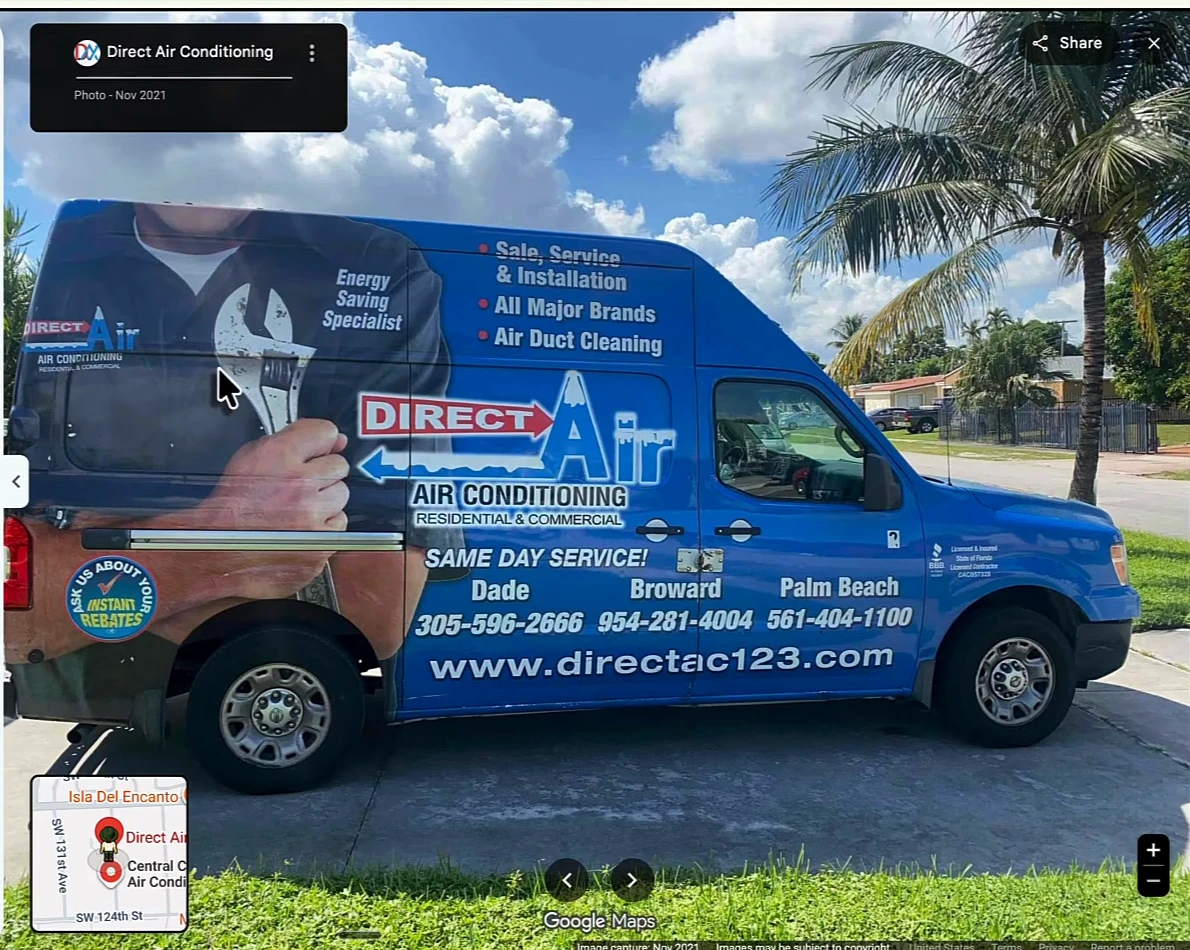 Google Maps photo of a blue Direct Air Conditioning van; the label at the top left reads Direct Air Conditioning, Photo, Nov 2021; the van lists same-day service numbers for Dade 305-596-2666, Broward 954-281-4004 and Palm Beach 561-404-1100 and the website directac123.com