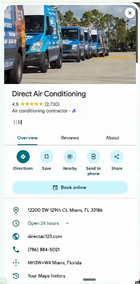 Google Maps listing for Direct Air Conditioning: 4.8 stars from 2,730 reviews, air conditioning contractor, 12200 SW 129th Ct, Miami, FL 33186, open 24 hours, website directac123.com, phone (786) 884-5021
