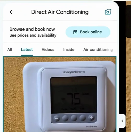 Google Maps photo panel for Direct Air Conditioning with tabs All, Latest, Videos, Inside and Air conditioning; the Latest tab is selected and the newest photo, a Honeywell thermostat, is shown first