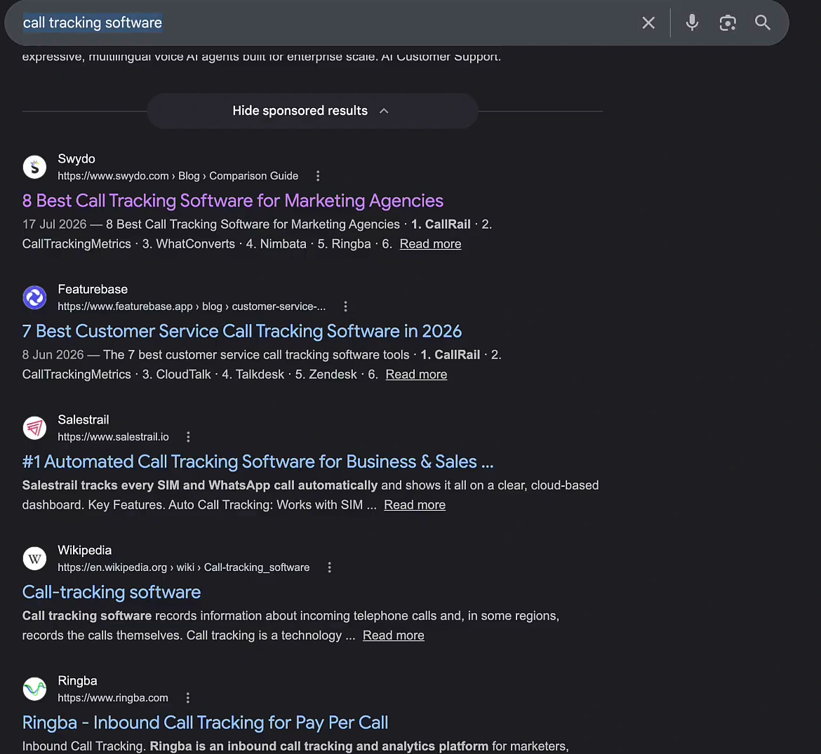 Google results for call tracking software: Swydo's 8 Best Call Tracking Software for Marketing Agencies, Featurebase's 7 Best Customer Service Call Tracking Software in 2026, Salestrail's number one Automated Call Tracking Software for Business and Sales, Wikipedia's Call-tracking software article, and Ringba's inbound call tracking page