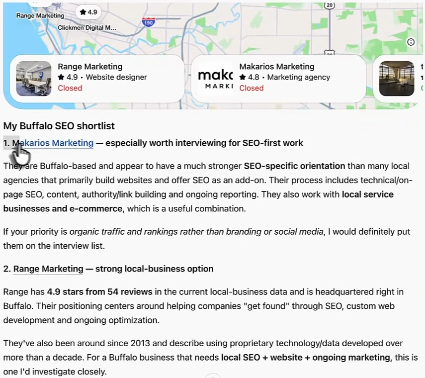 ChatGPT answer titled My Buffalo SEO shortlist: 1. Makarios Marketing, especially worth interviewing for SEO-first work, described as Buffalo-based with a much stronger SEO-specific orientation than agencies that primarily build websites, a process covering technical and on-page SEO, content, link building and reporting, and work with local service businesses and e-commerce; 2. Range Marketing, 4.9 stars from 54 reviews, headquartered in Buffalo, around since 2013