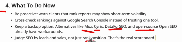 Miro card 4. What To Do Now: be proactive, warn clients that rank reports may show short-term volatility; cross-check rankings against Google Search Console instead of trusting one tool; keep a backup option, alternatives like Moz, Cyrix, DataForSEO and open-source Open SEO already have workarounds; judge SEO by leads and sales, not just rank position, that's the real scoreboard.