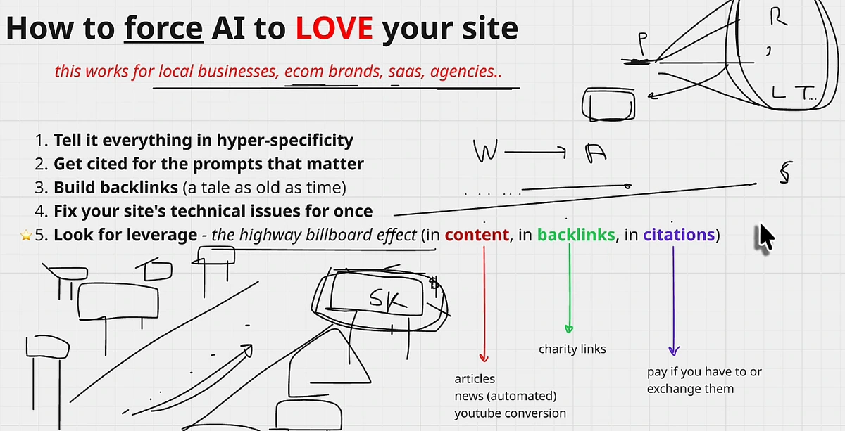 Miro board titled How to force AI to LOVE your site, this works for local businesses, ecom brands, saas, agencies. Five steps: 1. Tell it everything in hyper-specificity. 2. Get cited for the prompts that matter. 3. Build backlinks (a tale as old as time). 4. Fix your site's technical issues for once. 5. Look for leverage, the highway billboard effect, in content (articles, automated news, YouTube conversion), in backlinks (charity links), in citations (pay if you have to or exchange them).