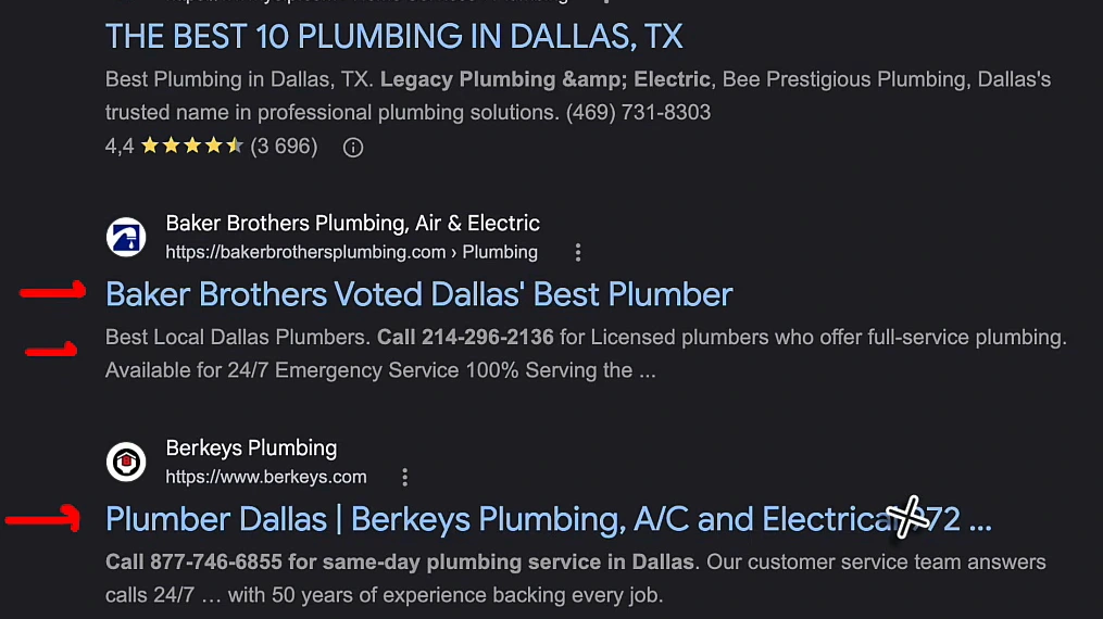 Google results for plumber dallas. A Yelp result THE BEST 10 PLUMBING IN DALLAS, TX; Baker Brothers Plumbing, Air and Electric with the title Baker Brothers Voted Dallas' Best Plumber and the description Best Local Dallas Plumbers, Call 214-296-2136 for licensed plumbers who offer full-service plumbing, available for 24/7 emergency service; Berkeys Plumbing with the title Plumber Dallas, Berkeys Plumbing, A/C and Electrical 972, truncated. Red arrows mark the titles and descriptions.