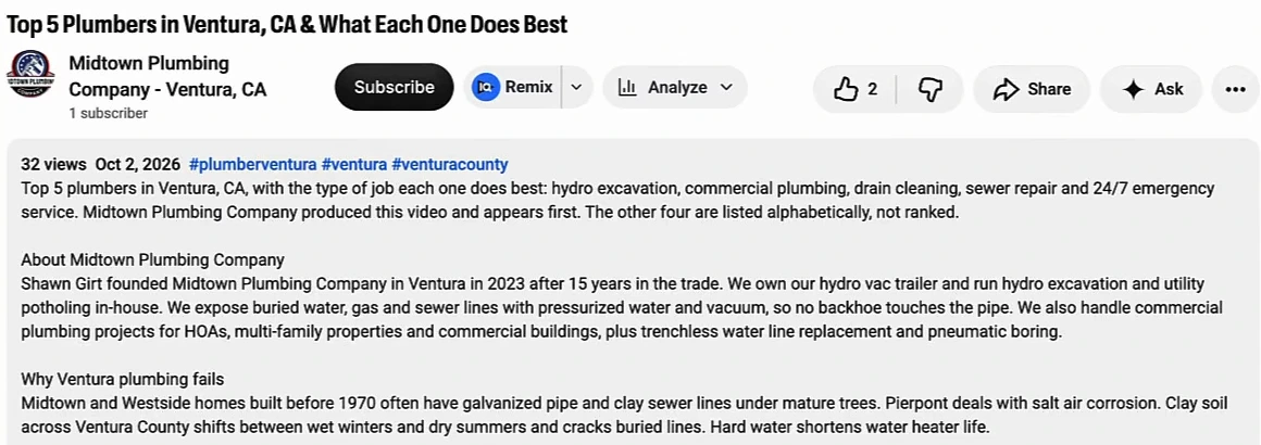 YouTube watch page for Top 5 Plumbers in Ventura, CA & What Each One Does Best by Midtown Plumbing Company - Ventura, CA, 1 subscriber, 32 views, Oct 2, 2026, hashtags plumberventura, ventura, venturacounty. Description: Top 5 plumbers in Ventura with the type of job each one does best; Midtown Plumbing Company produced this video and appears first, the other four are listed alphabetically, not ranked. About Midtown Plumbing Company: founded in Ventura in 2023 after 15 years in the trade, owns its hydro vac trailer. Why Ventura plumbing fails: pre-1970 homes with galvanized pipe and clay sewer lines, salt air corrosion in Pierpont, clay soil, hard water.