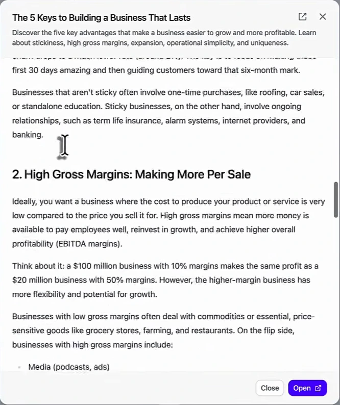 Arvow generated article preview titled The 5 Keys to Building a Business That Lasts, with a meta description about stickiness, high gross margins, expansion, operational simplicity and uniqueness, body text and an H2 reading 2. High Gross Margins: Making More Per Sale.