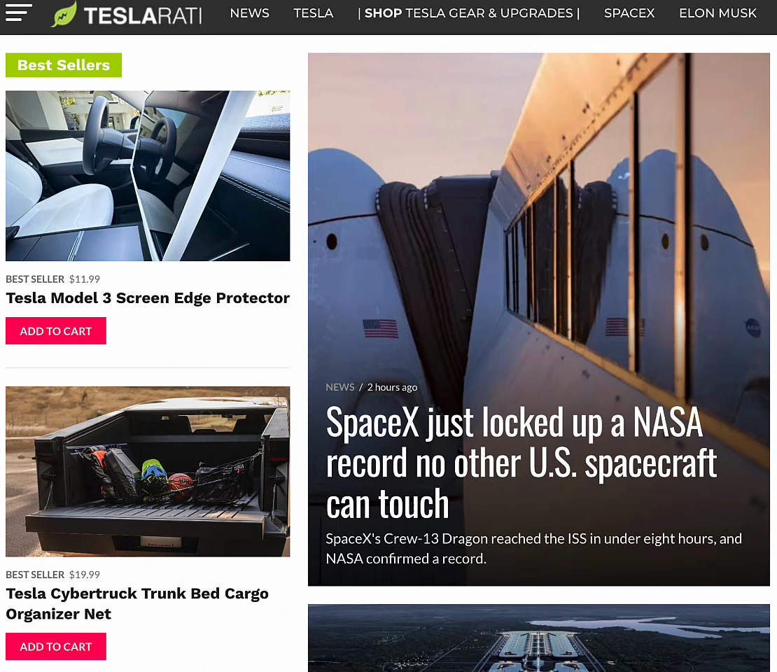 Teslarati homepage with a Best Sellers column showing a Tesla Model 3 screen edge protector at 11.99 dollars and a Cybertruck trunk bed cargo net at 19.99 dollars with Add to cart buttons, next to a news story about SpaceX, and a navigation bar with News, Tesla and Shop Tesla gear and upgrades.