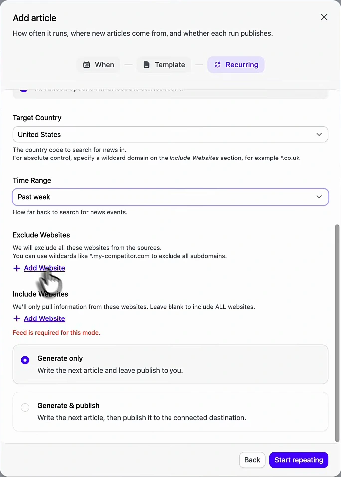 Arvow AutoBlog Add article dialog on the Recurring step, with Target Country set to United States, Time Range set to Past week, Exclude Websites and Include Websites options, and a choice between Generate only and Generate and publish.