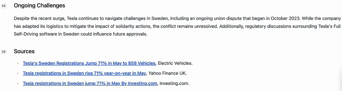 End of an AI-generated news article about Tesla registrations in Sweden, with an Ongoing Challenges section and a Sources list citing Electric Vehicles, Yahoo Finance UK and Investing.com.
