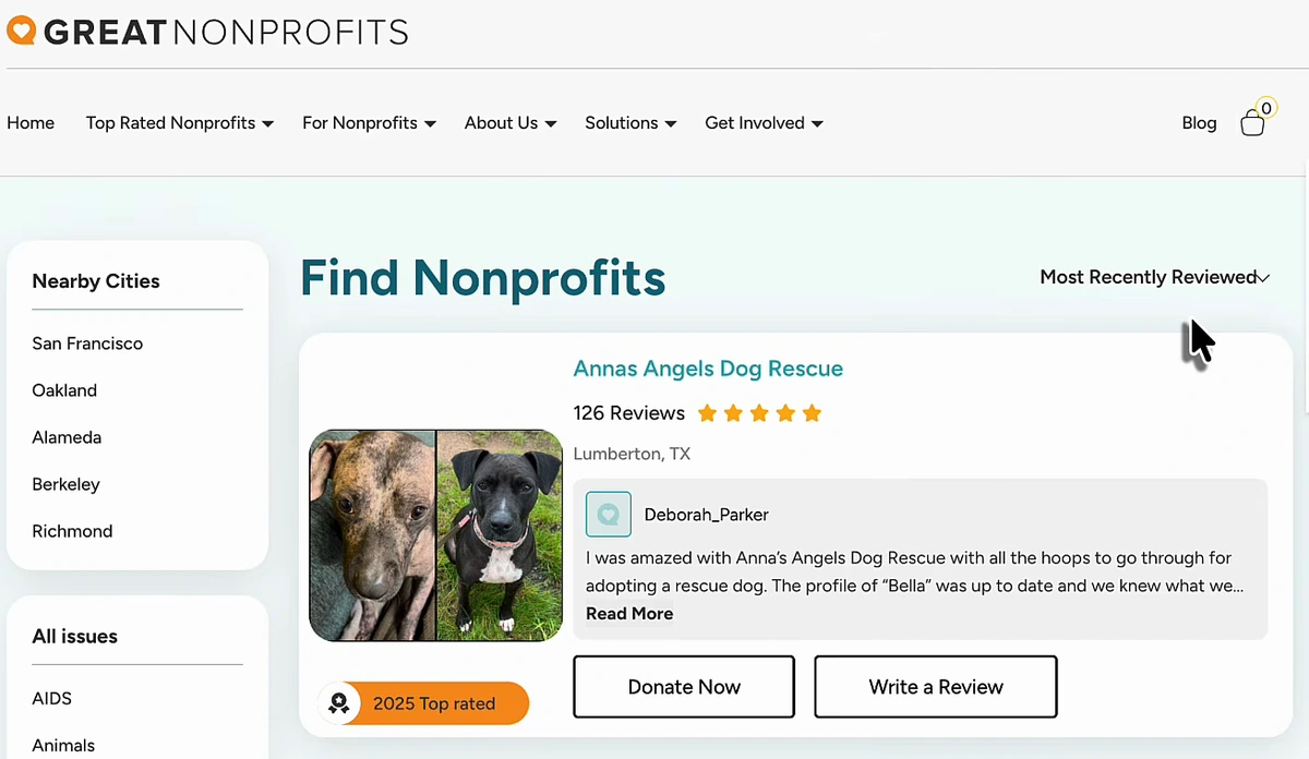 GreatNonprofits Find Nonprofits page with dog typed into the search box, suggestions including Skydog Sanctuary and Marley's Mutts Dog Rescue, and results for Annas Angels Dog Rescue and National Disaster Search Dog Foundation, each with a Donate Now button.