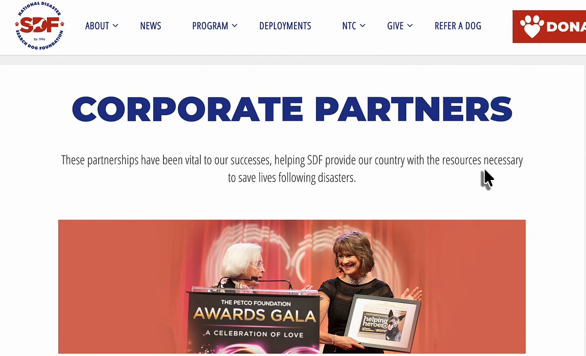 National Disaster Search Dog Foundation Corporate Partners page with a Donate button, a Give menu, and a photo from the Petco Foundation Awards Gala, with the Petco Love logo below.