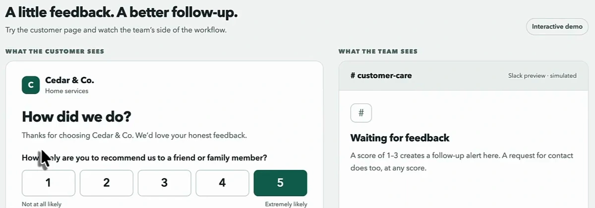 Demo feedback page titled A little feedback. A better follow-up. The customer side for Cedar and Co., home services, asks How did we do? and How likely are you to recommend us to a friend or family member? with buttons 1 to 5 and 5 selected. The team side shows a customer-care Slack preview waiting for feedback, noting that a score of 1 to 3 creates a follow-up alert, as does a request for contact at any score.