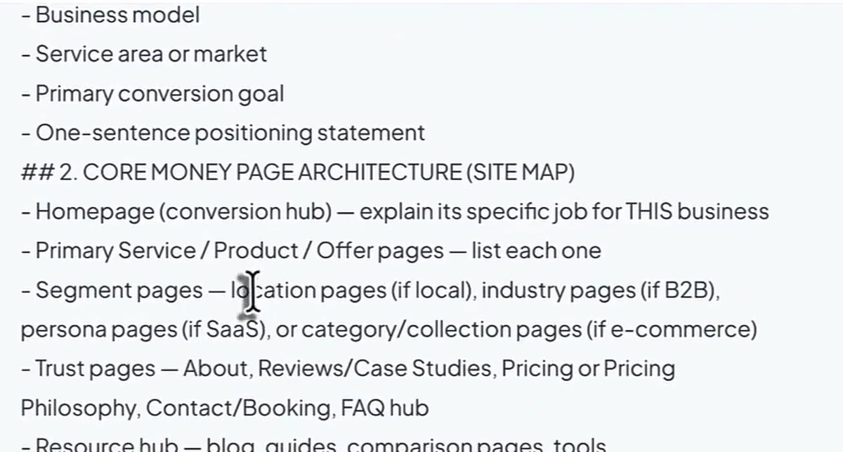 Section of the Money Page Architecture Framework prompt on arvow.com: '2. CORE MONEY PAGE ARCHITECTURE (SITE MAP)': homepage (conversion hub), primary service/product/offer pages (one each), segment pages (location pages if local, industry pages if B2B, persona pages if SaaS, category/collection pages if e-commerce), trust pages (About, Reviews/Case Studies, Pricing, Contact/Booking, FAQ hub), resource hub, total recommended page count for Phase 1.