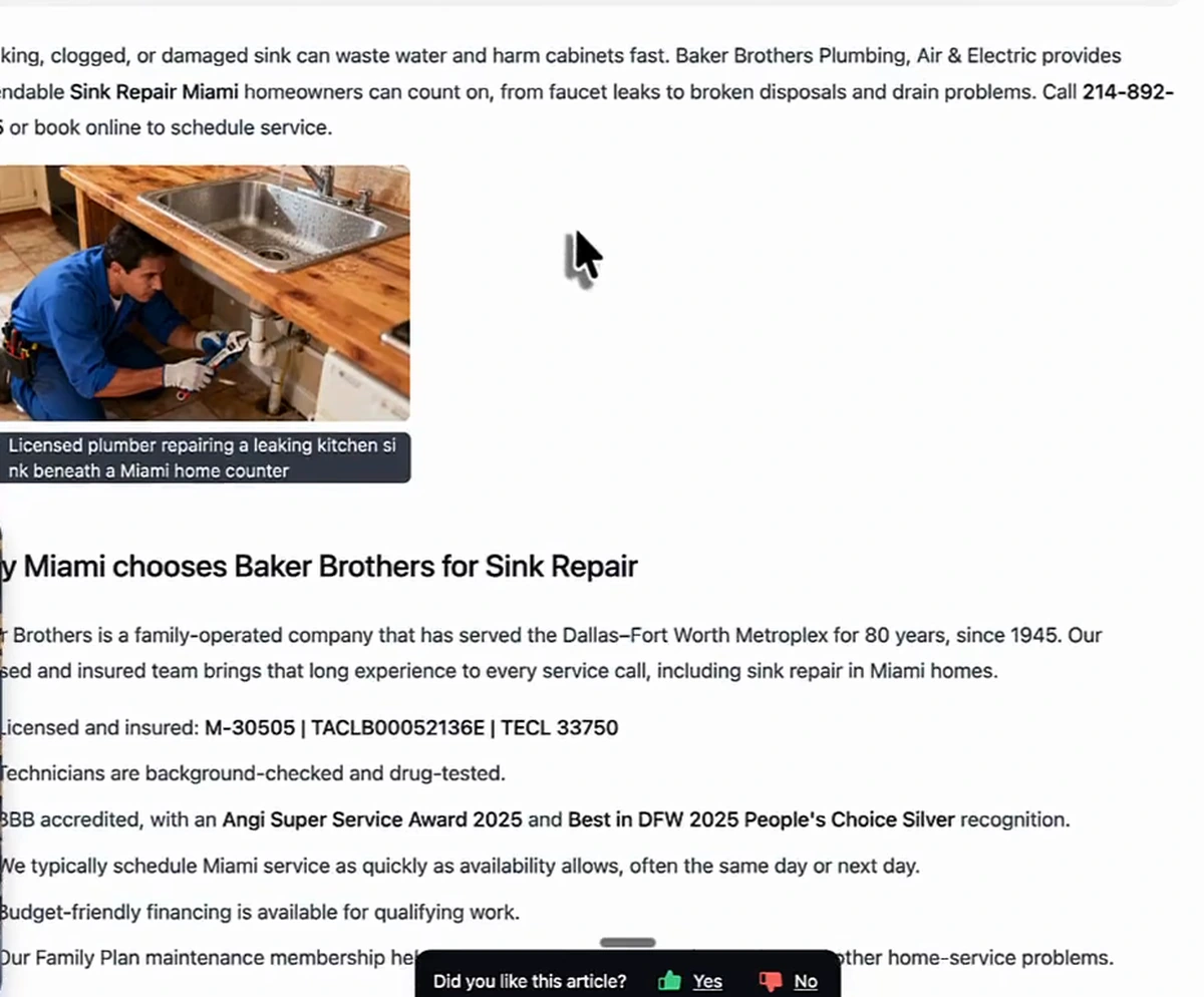 Arvow article editor showing a generated page titled Sink Repair in Miami, Florida. The intro says Baker Brothers Plumbing, Air & Electric provides sink repair Miami homeowners can count on, call 214-892-2225. A section headed 'Why Miami chooses Baker Brothers for Sink Repair' says the company has served the Dallas–Fort Worth Metroplex for 80 years, since 1945, lists licence numbers M-30505, TACLB00052136E and TECL 33750, an Angi Super Service Award 2025 and Best in DFW 2025 People's Choice Silver. The right panel shows Focus Keyword: No focus keyword, and a filled meta description.