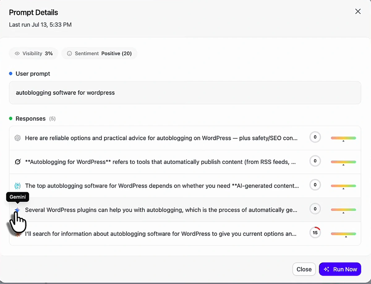 Prompt Details modal, last run Jul 13, 5:33 PM. Visibility 3%, sentiment Positive (20). User prompt: autoblogging software for wordpress. Responses (5): ChatGPT 0, Grok 0, Perplexity 0, Gemini 0 (tooltip showing 'Gemini' under the cursor), Claude 15.