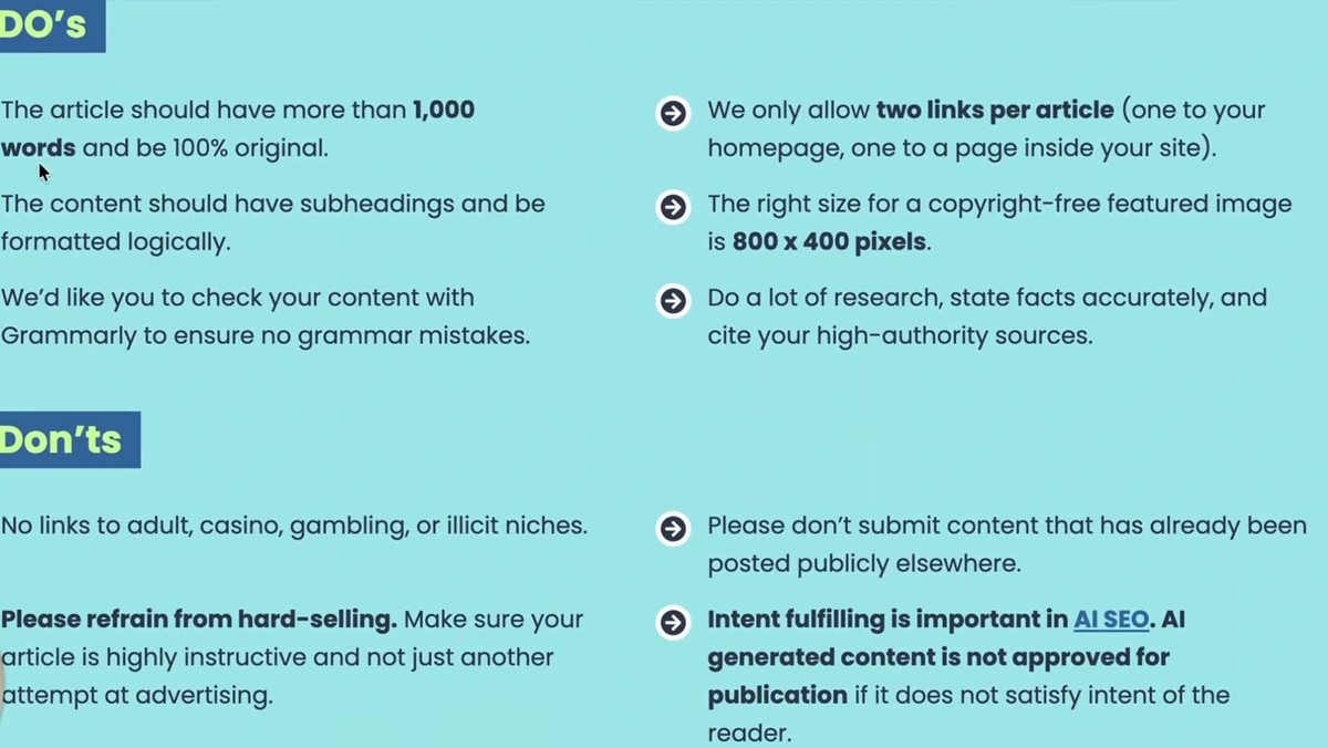 Galones a Litro guest writer guidelines. DO's: the article should have more than 1,000 words and be 100% original; the content should have subheadings and be formatted logically; we'd like you to check your content with Grammarly to ensure no grammar mistakes; we only allow two links per article (one to your homepage, one to a page inside your site); the right size for a copyright-free featured image is 800 x 400 pixels; do a lot of research, state facts accurately, and cite your high-authority sources. Don'ts: no links to adult, casino, gambling, or illicit niches; please refrain from hard-selling, make sure your article is highly instructive and not just another attempt at advertising; please don't submit content that has already been posted publicly elsewhere; intent fulfilling is important in AI SEO, AI generated content is not approved for publication if it does not satisfy intent of the reader.